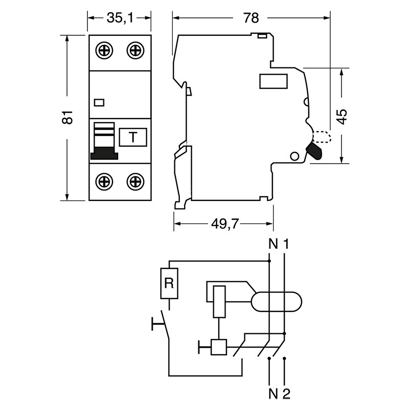 INTERRUTTORE DIFFERENZIALE PURO 1P+N 2 MODULI - RCCB 230Vac 1P+N 40A 0,03 S 2m - disegno tecnico