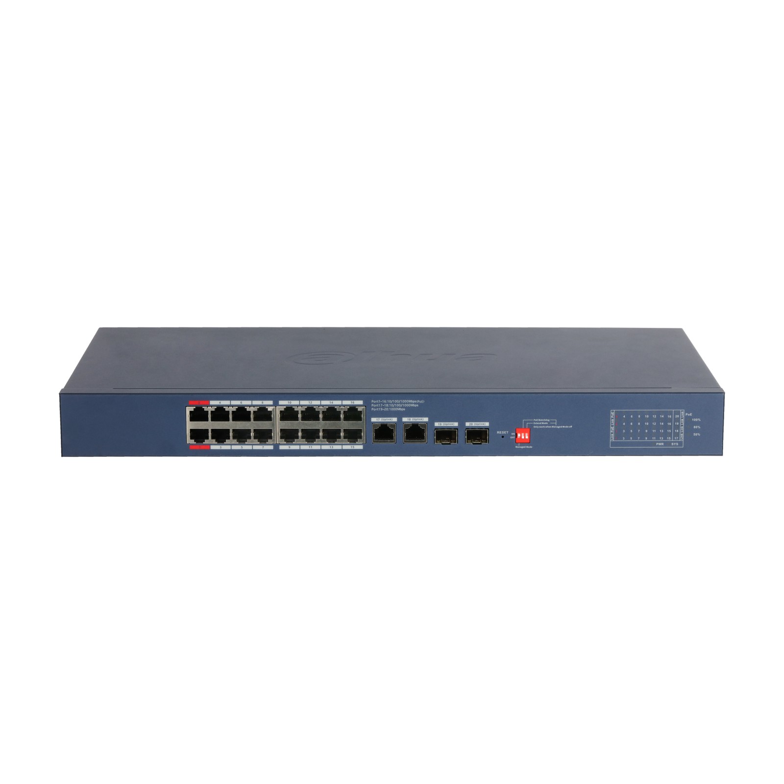 Switch Dahua CS4220-16GT-190-V2 vista frontale con le porte Gigabit e PoE