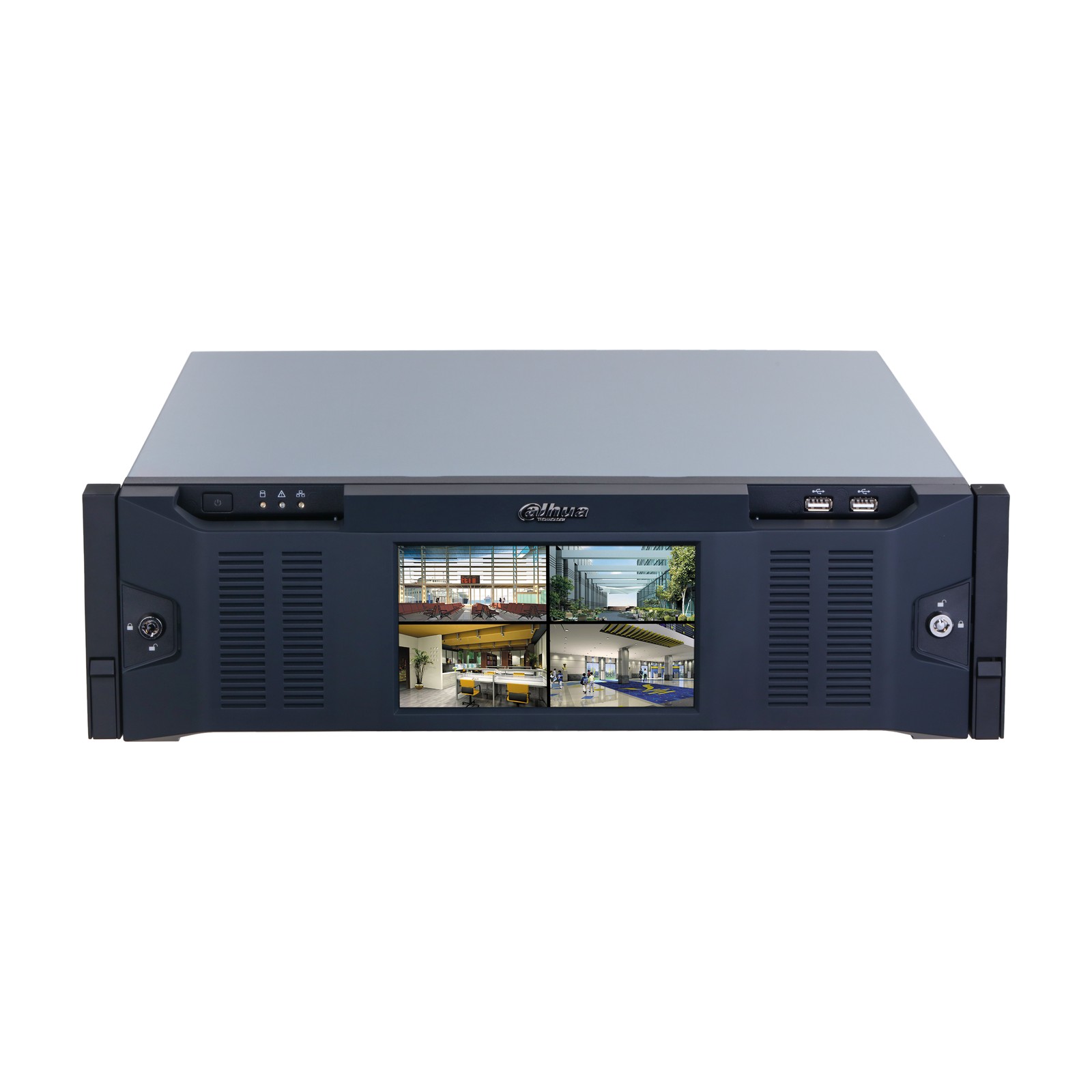 Registratore NVR Dahua NVR616DRH-128-XI, vista frontale con display LCD