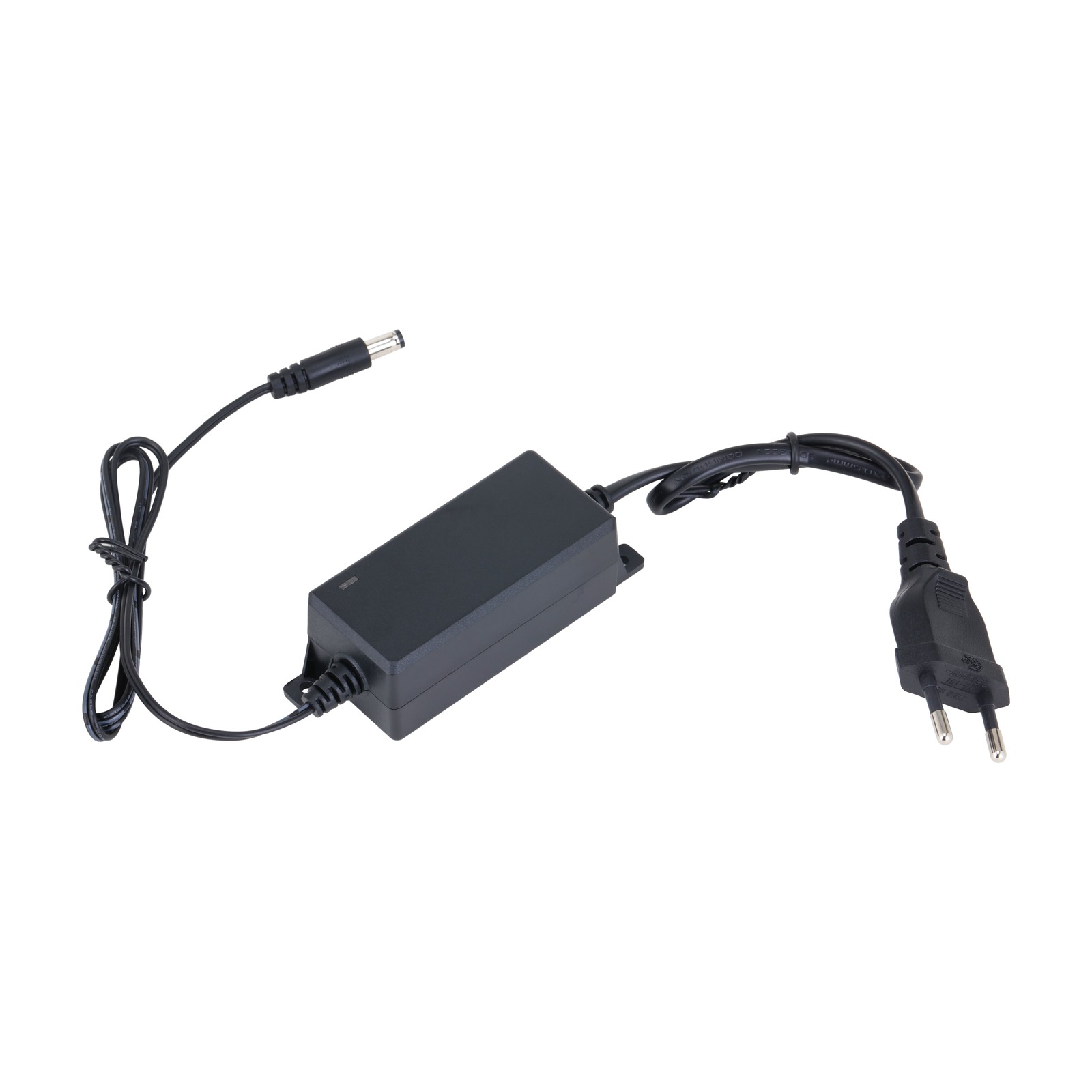 Alimentatore Dahua PFM325D-1210EN 12 Vdc 1A, vista a 45 gradi da sinistra con logo