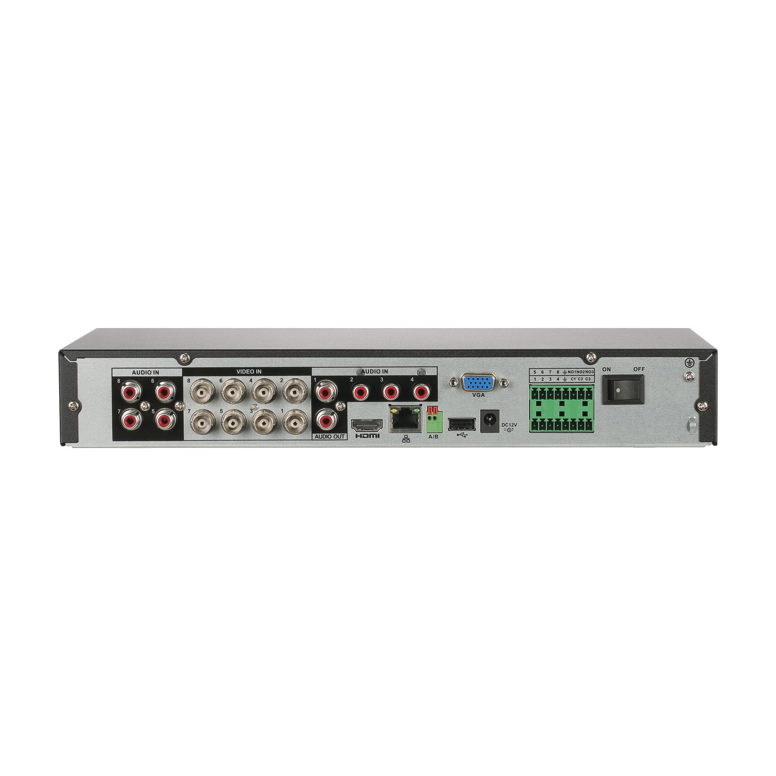 Videoregistratore Dahua XVR7108HE-4K-I3, vista del pannello posteriore con le connessioni