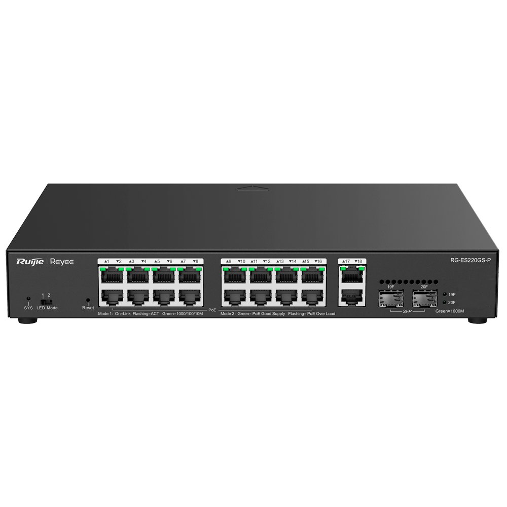 Ruijie Reyee Cloud Managed L2 Switch - 20 Porte totale (16 PoE+ / 2 Uplink / 2 SFP)